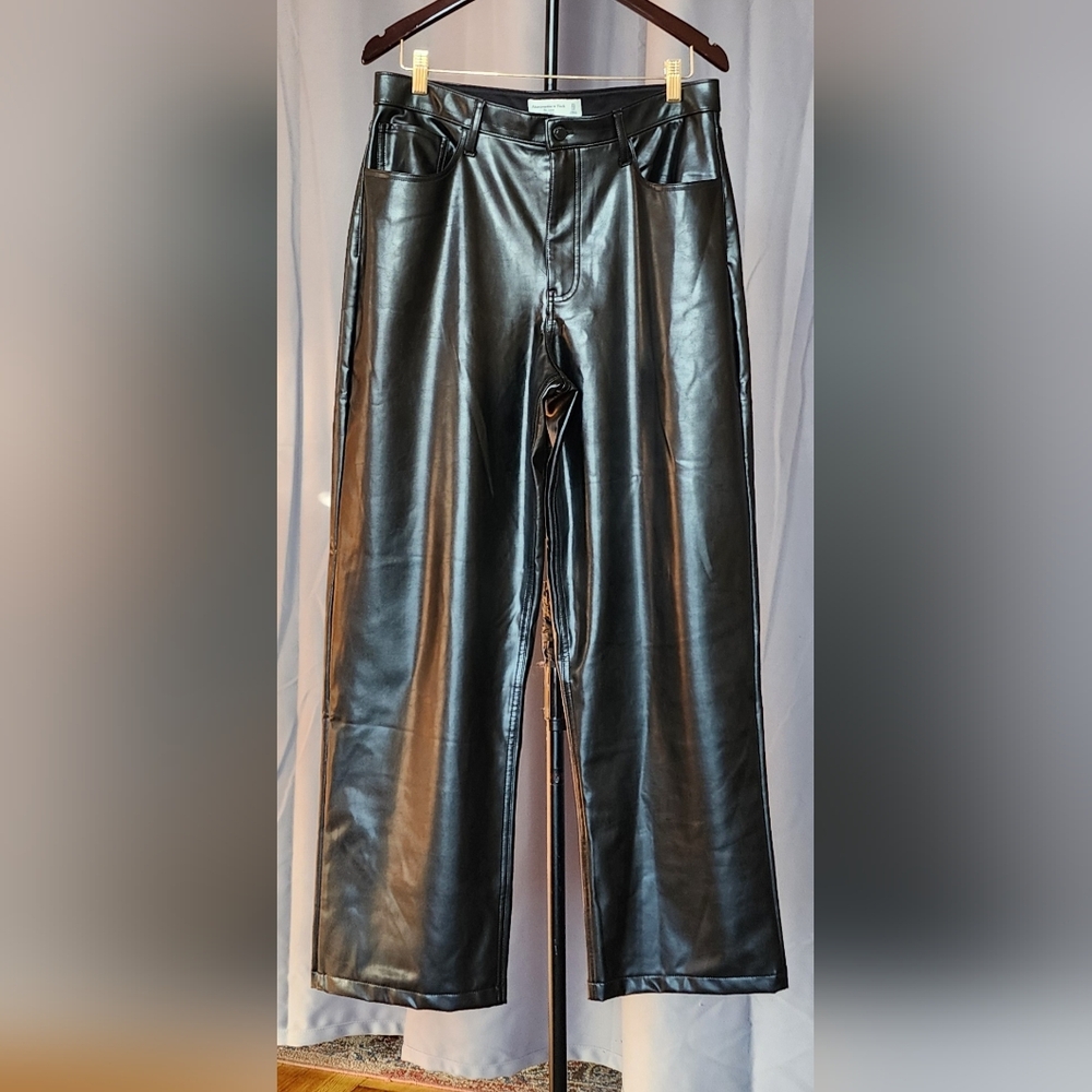 Abercrombie & Fitch Shiny Black Vegan Leather Trousers - Picture 2 of 5